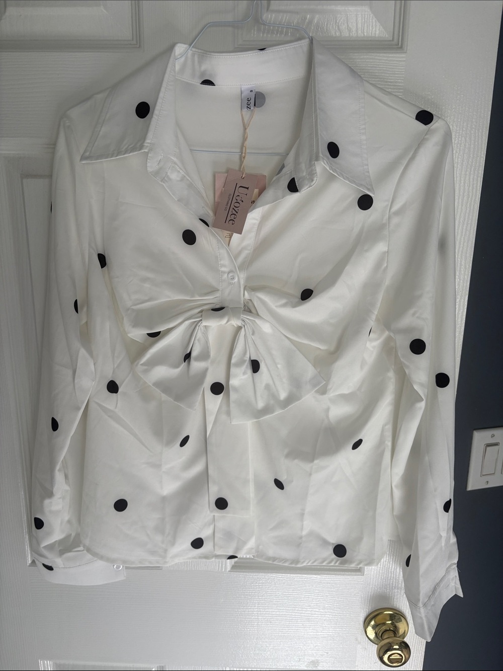 Polka Dot Tie-Front Button-Down Blouse — White with Black Dots